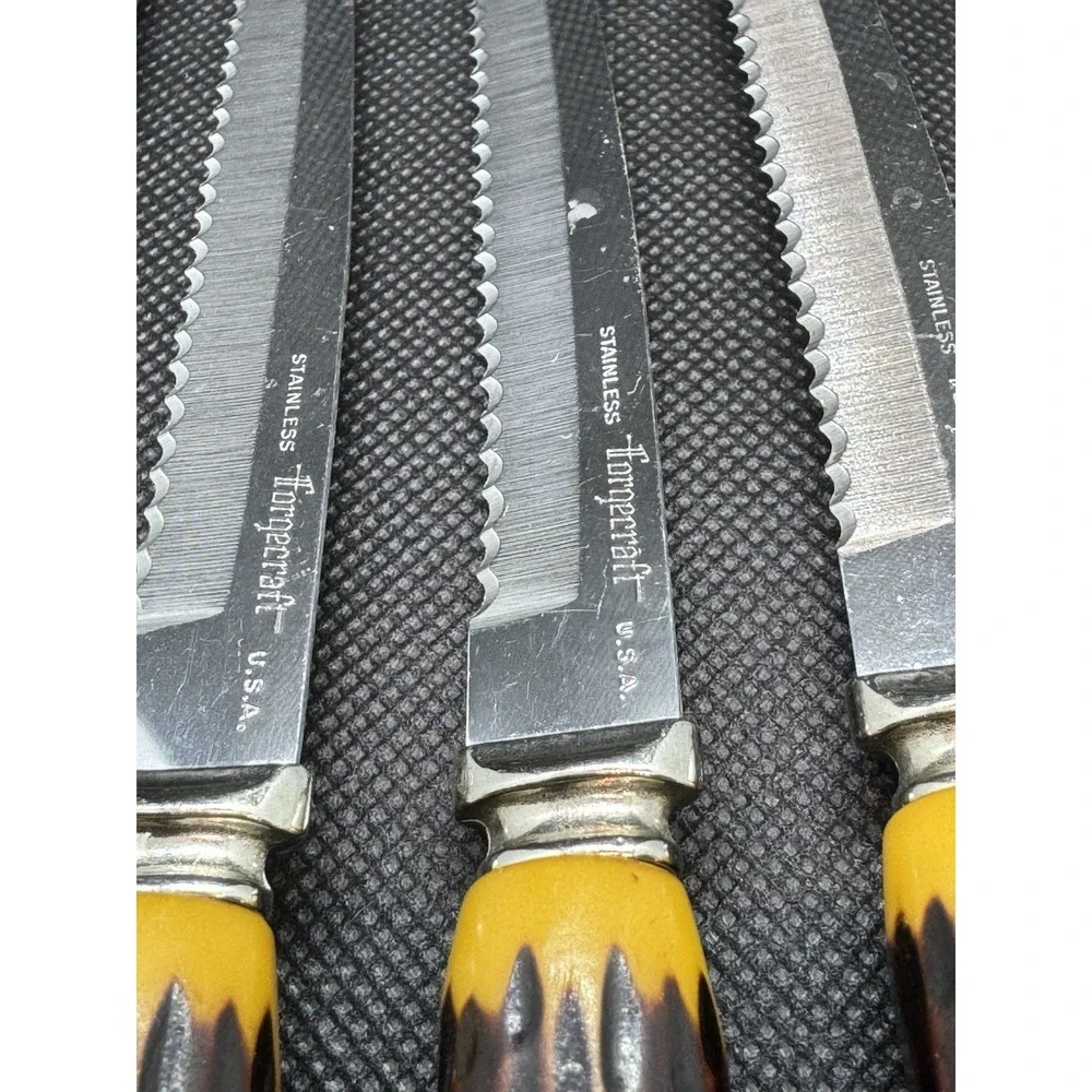 Vintage Forgecraft USA Steak Knives Set of 6 Faux Stag Drip Handle Stainless